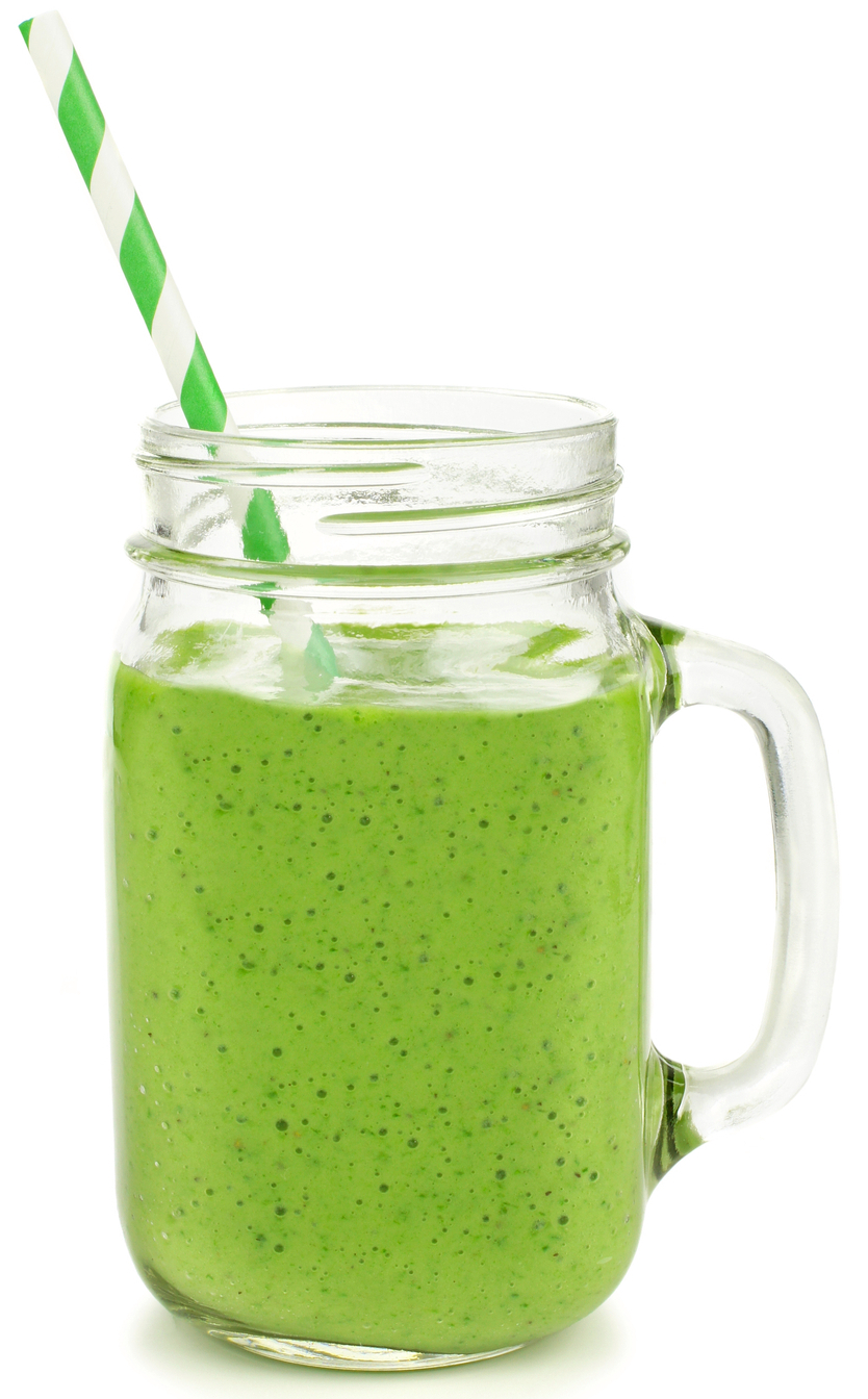 Healthy green smoothie with straw in a jar mug isolated on white